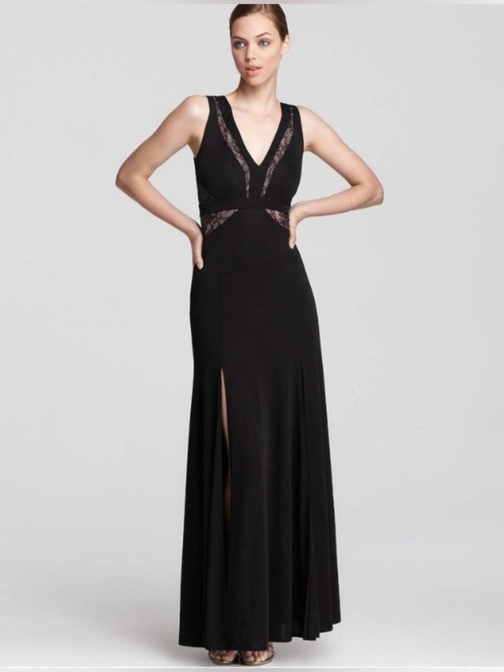 BCBG MAX AZRIA Elegant Black Lace-Accent V-Neck Evening Gown NWT